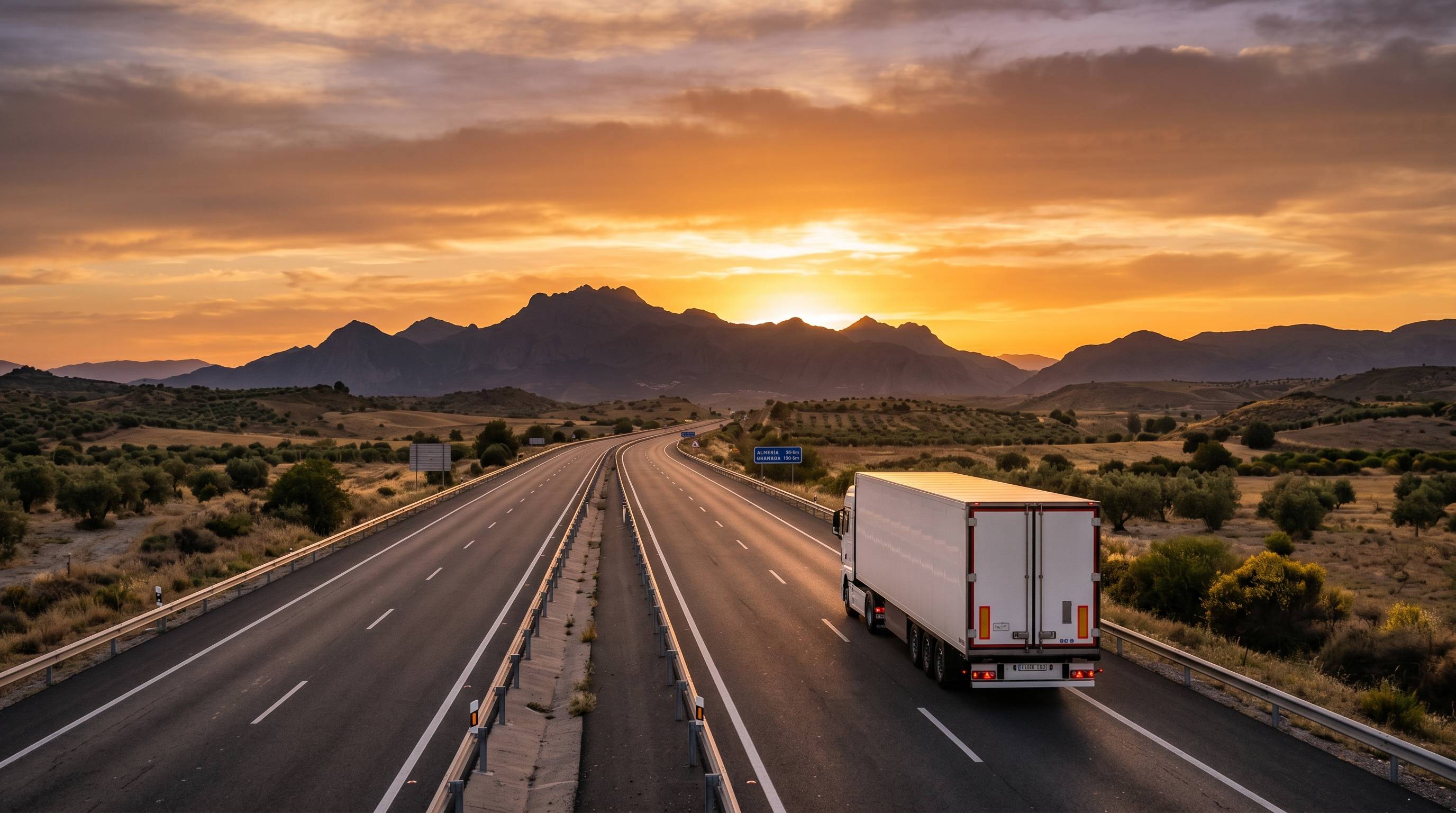 Autovía española hacia la sierra al atardecer con camión CE — oportunidad para conductores