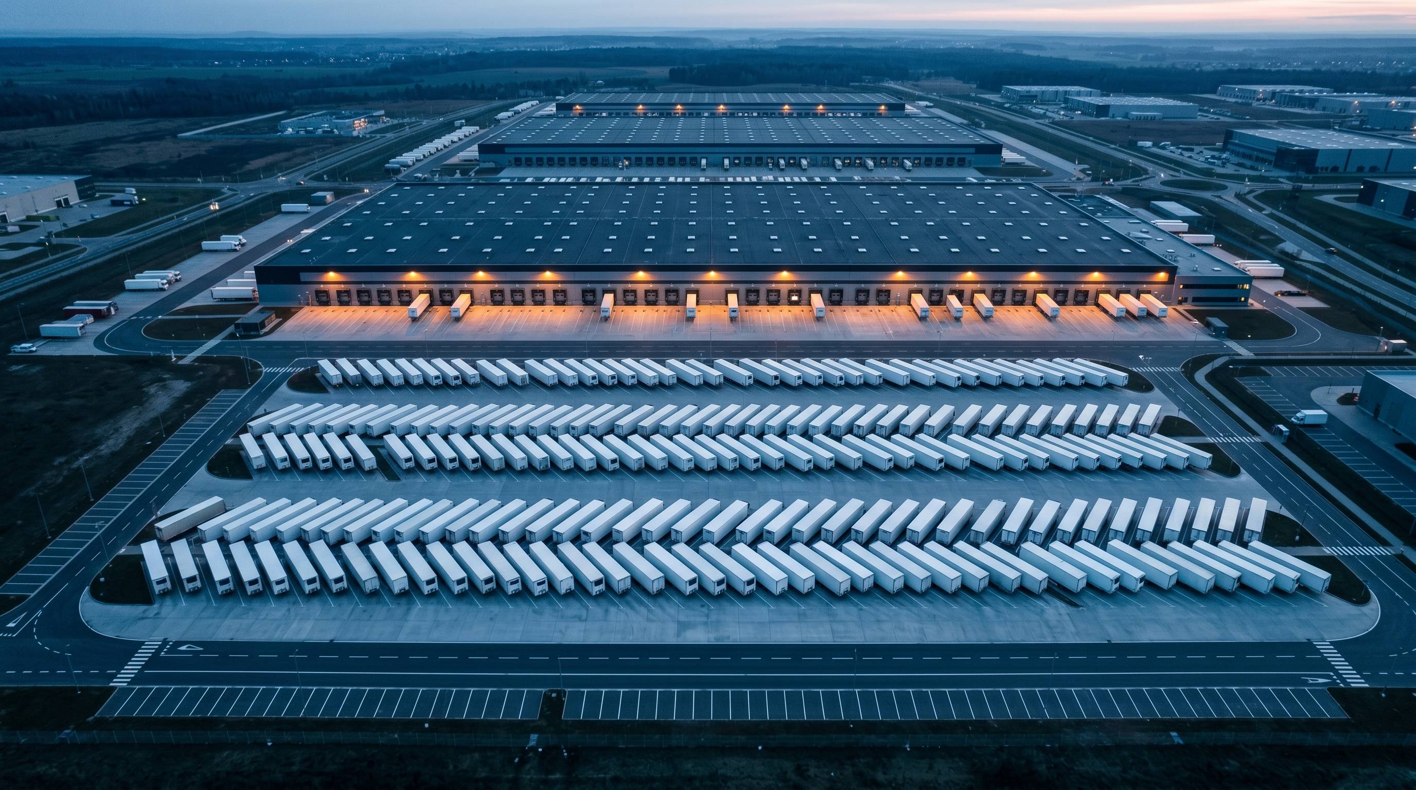 Vista aérea de terminal logística con flota de remolques alineados al amanecer