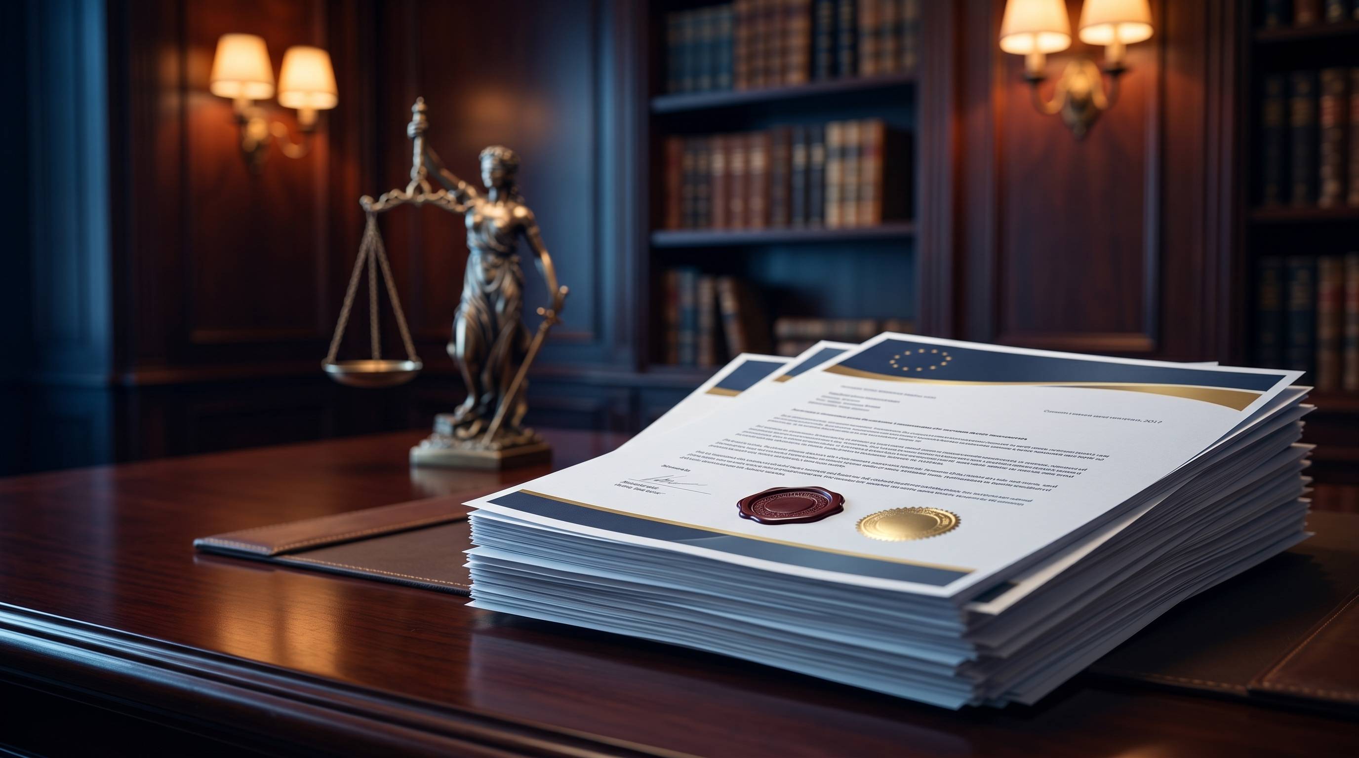 Documentos UE con sellos oficiales y figura de la Justicia — compliance laboral CE