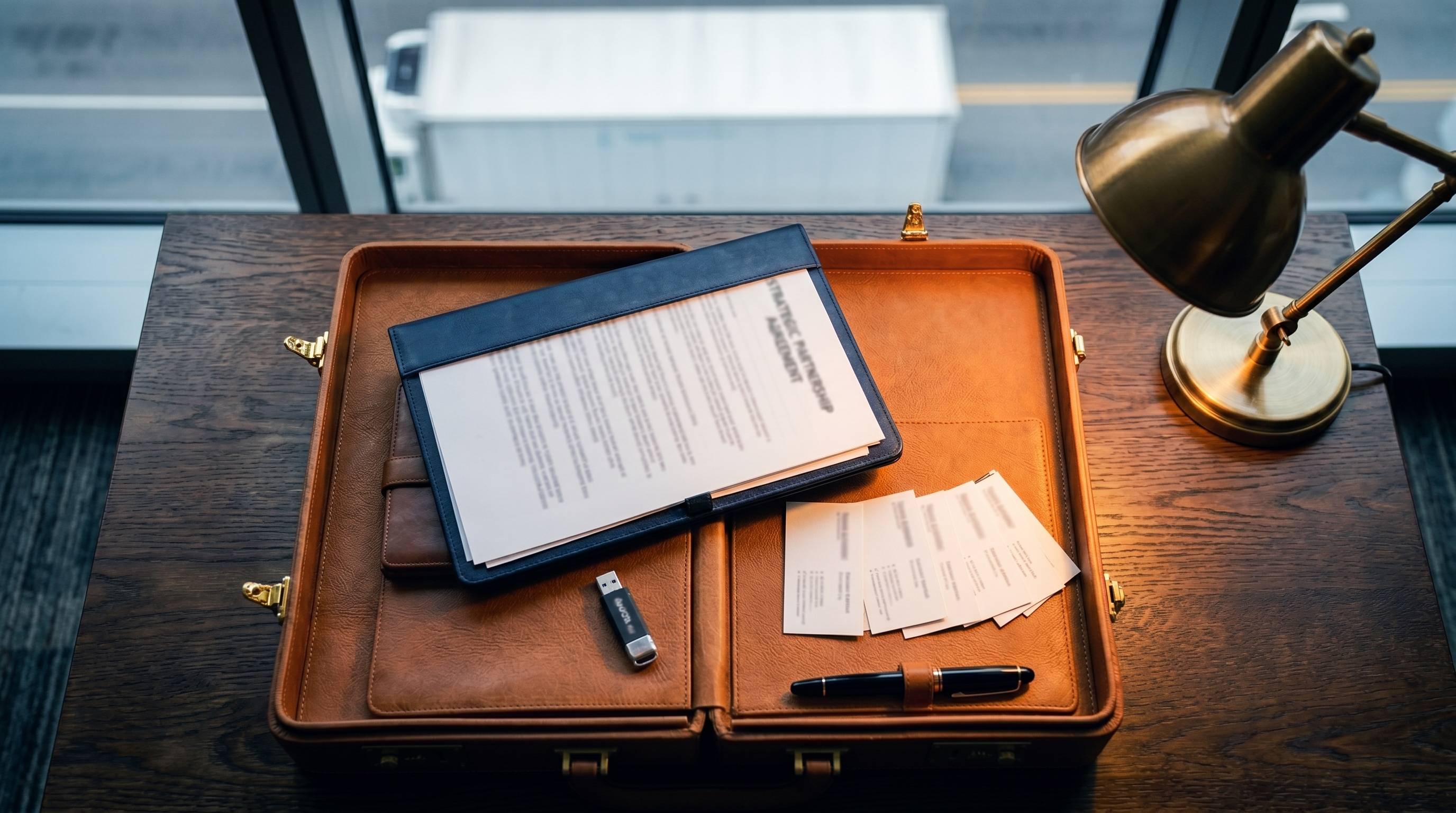Maletín ejecutivo abierto con documentación y camión al fondo — onboarding CE