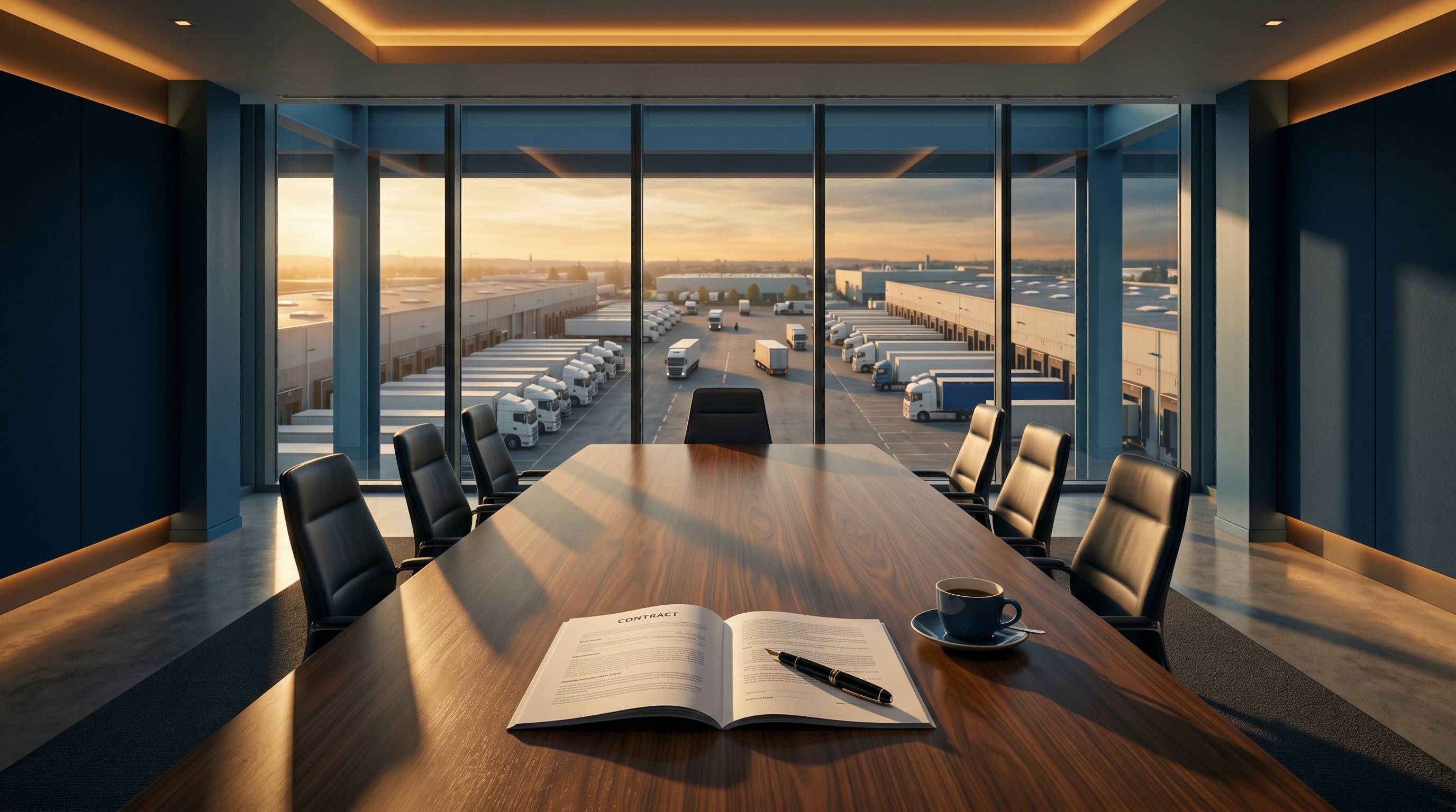 Sala de reuniones con vista a depósito de camiones — servicios DriversHub Alicante