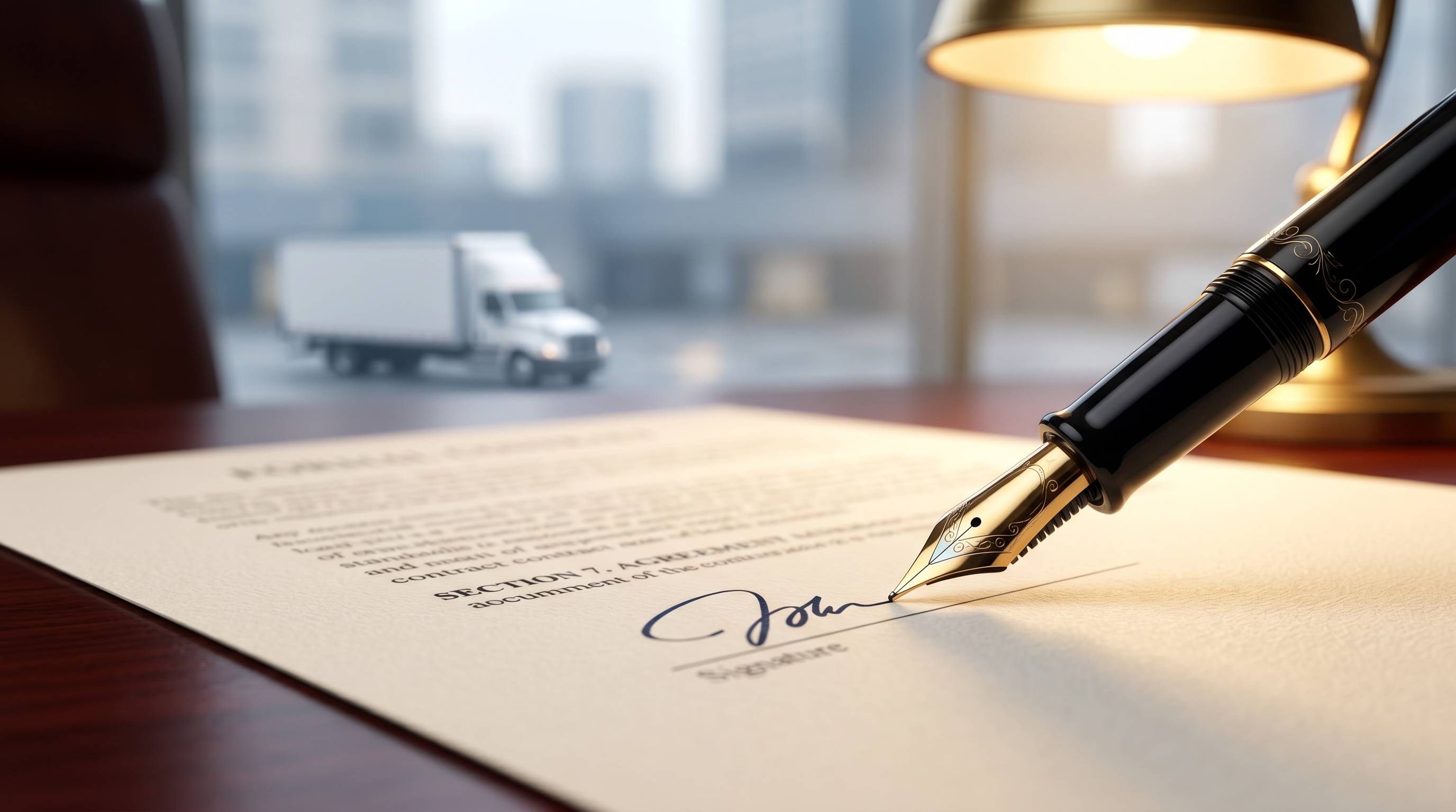Firma de contrato con camión visible al fondo — contratación directa CE