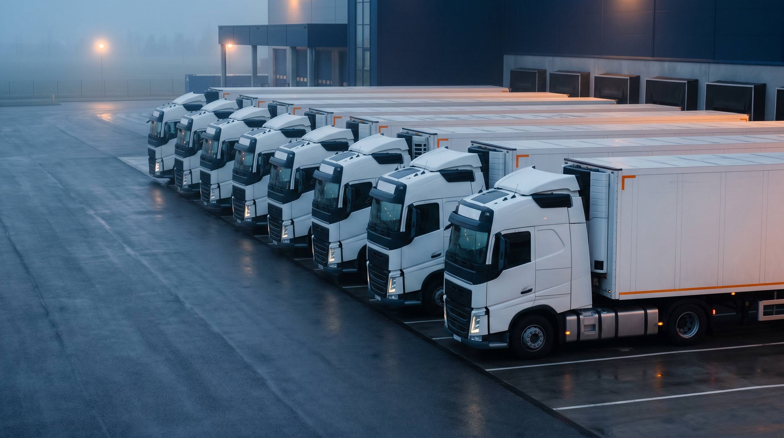 Flota de camiones CE blancos alineados en depósito al amanecer — staff-leasing