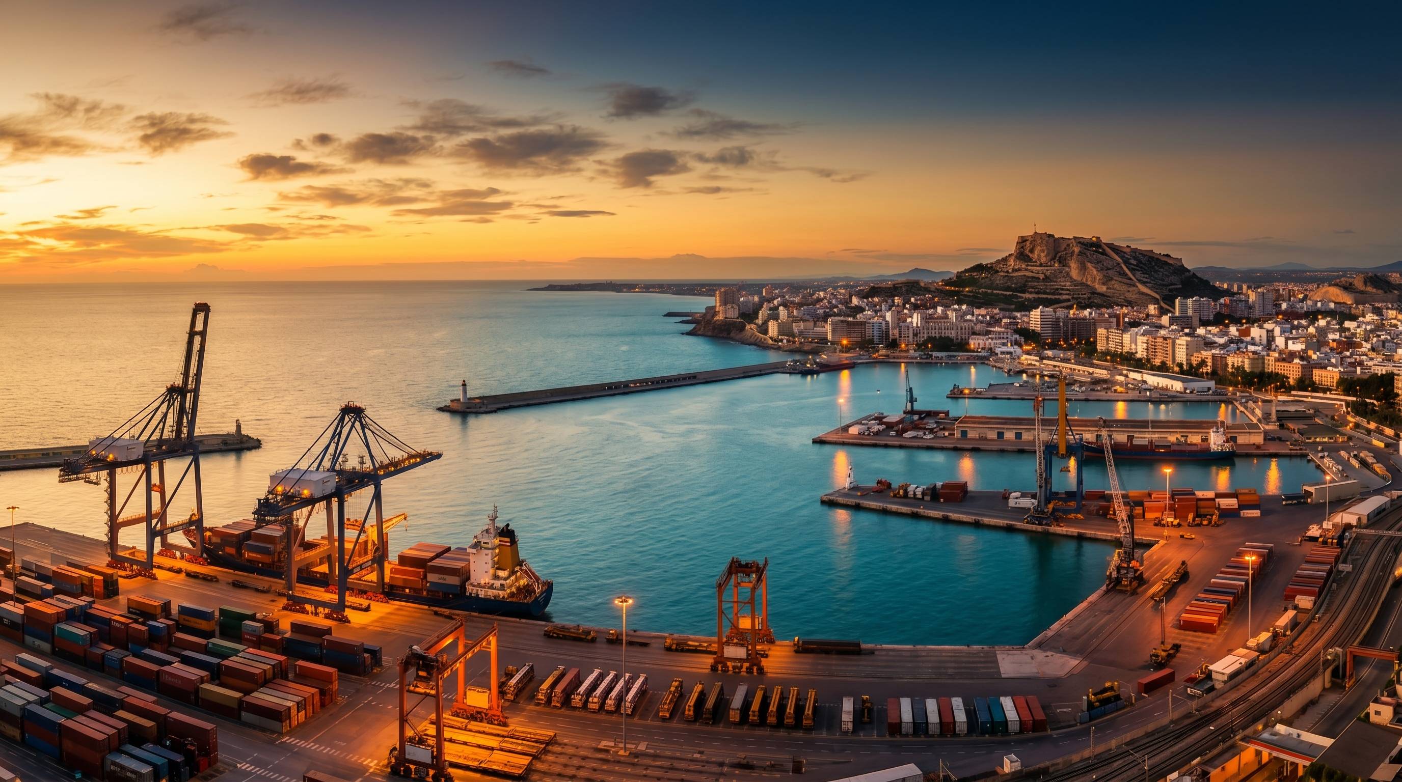 Puerto de Alicante al atardecer con grúas de contenedores — sede DriversHub